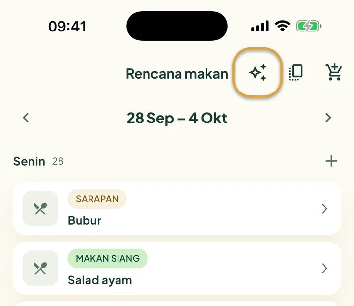 Bagian atas Rencana makan. Tombol kilau di sebelah tombol salin dilingkari.