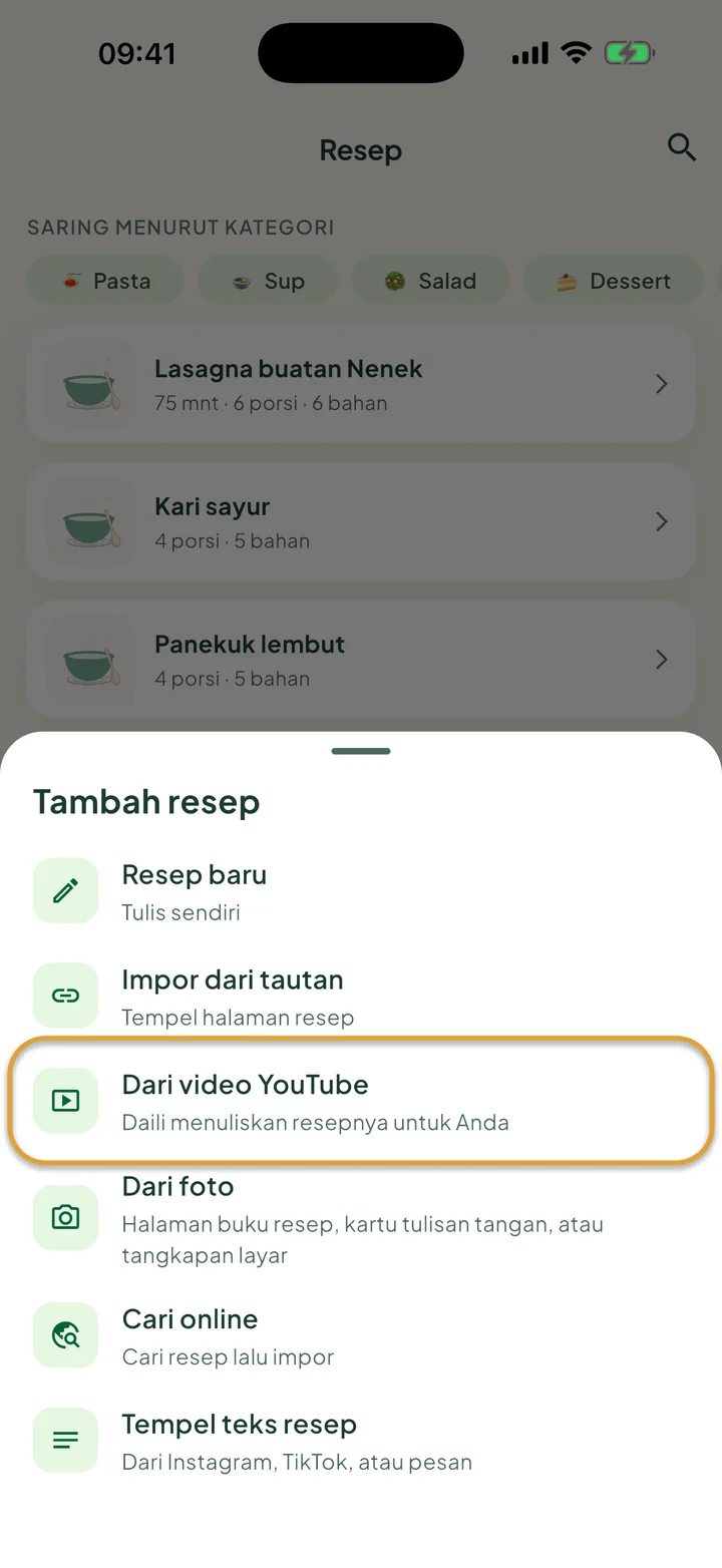 Layar Resep dengan menu + terbuka. Dari video YouTube dilingkari.