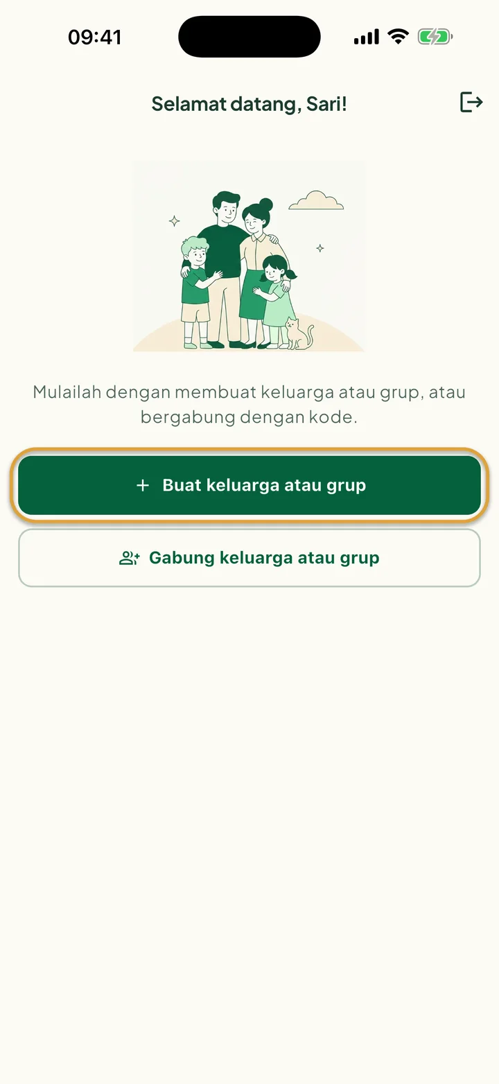 Layar sambutan untuk pengguna baru. Tombol Buat keluarga atau grup dilingkari.
