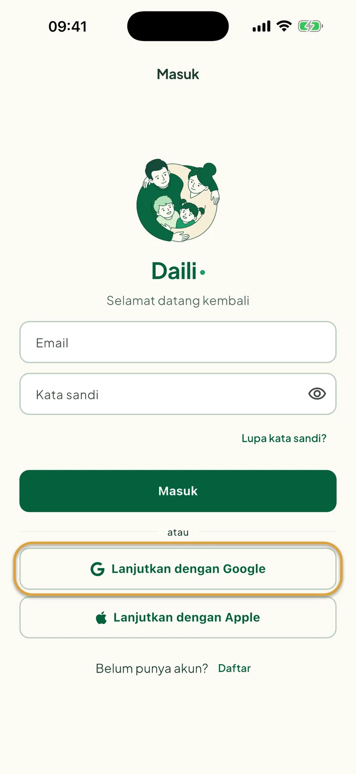 Layar Masuk. Tombol Lanjutkan dengan Google dilingkari.