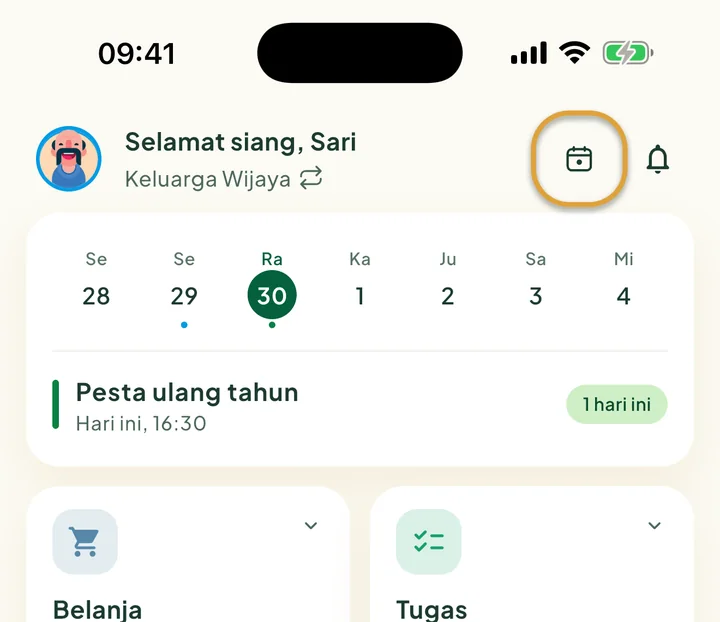 Bagian atas Beranda. Tombol Hari ini di sebelah lonceng dilingkari.