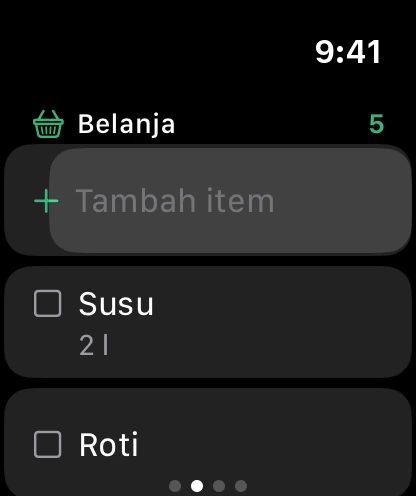 Daftar belanja di jam, dengan Tambah item di atas.