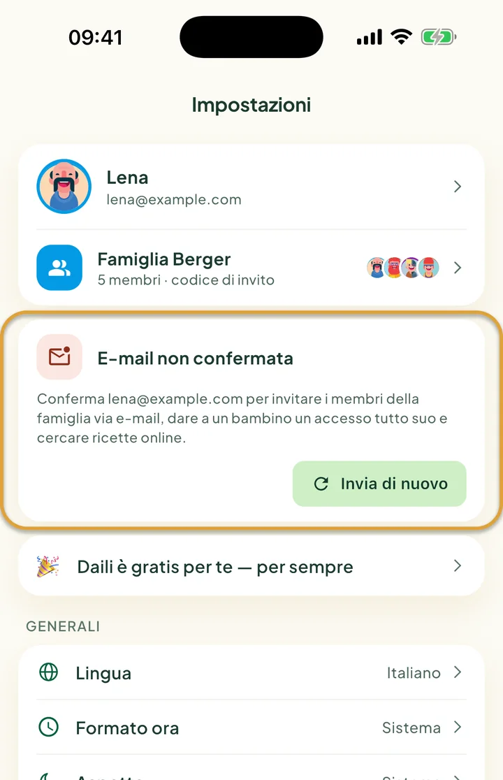 La parte alta di Impostazioni. La scheda E-mail non confermata con il pulsante Invia di nuovo è cerchiata.