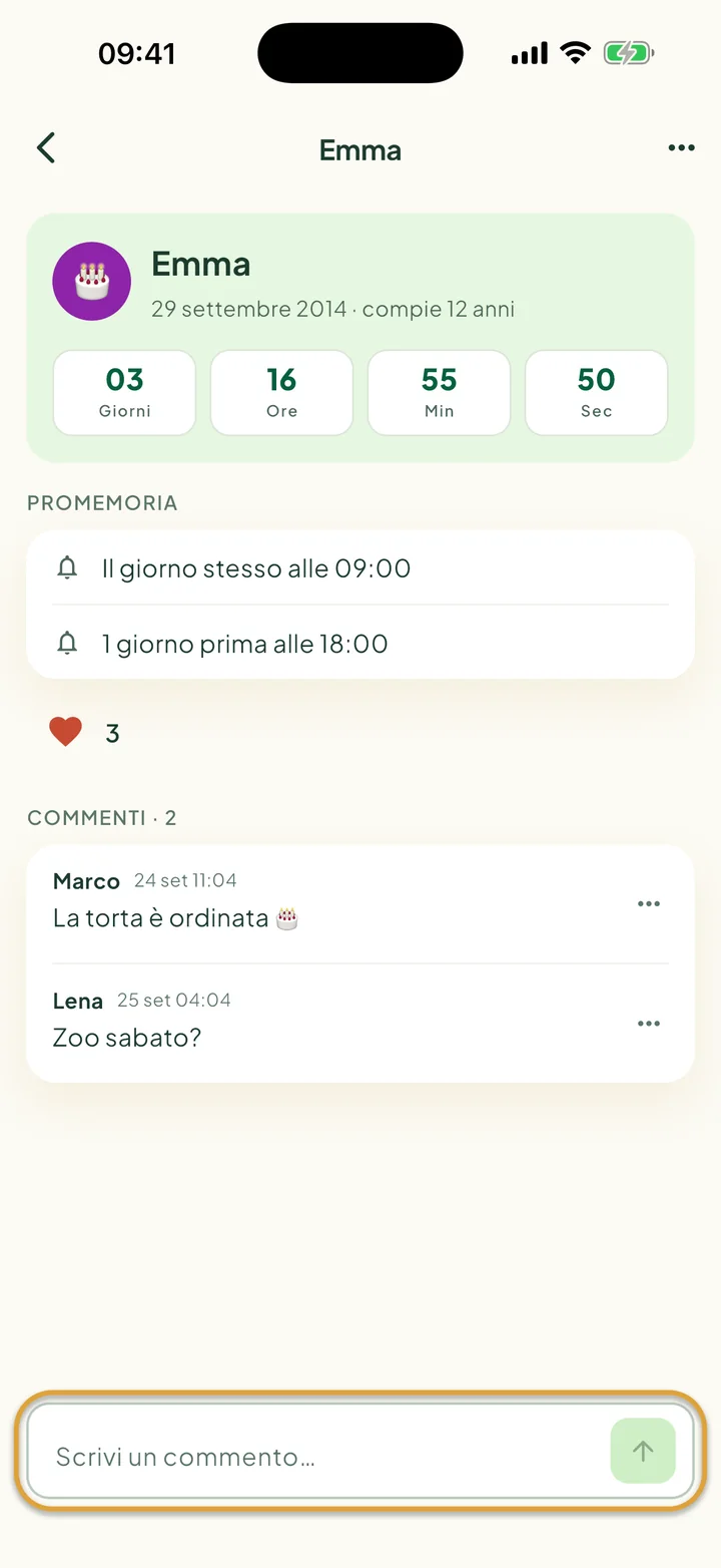 Un compleanno con un cuore e due commenti. Il campo Scrivi un commento… in basso è cerchiato.