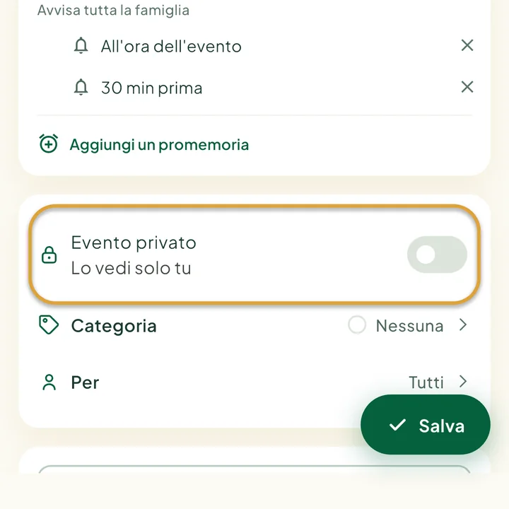 Il modulo dell'evento. L'interruttore Evento privato è cerchiato.