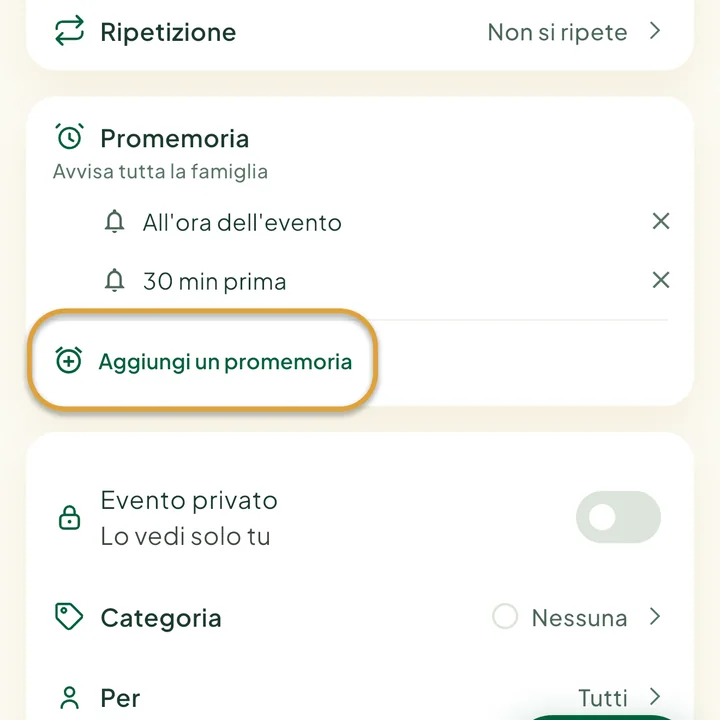 La sezione Promemoria del modulo dell'evento con due promemoria. Il pulsante Aggiungi un promemoria è cerchiato.