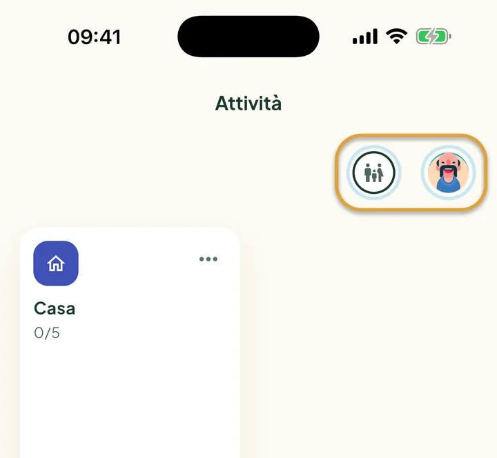 La parte alta della schermata Attività. Il cerchio della famiglia e la tua foto in alto a destra sono cerchiati.