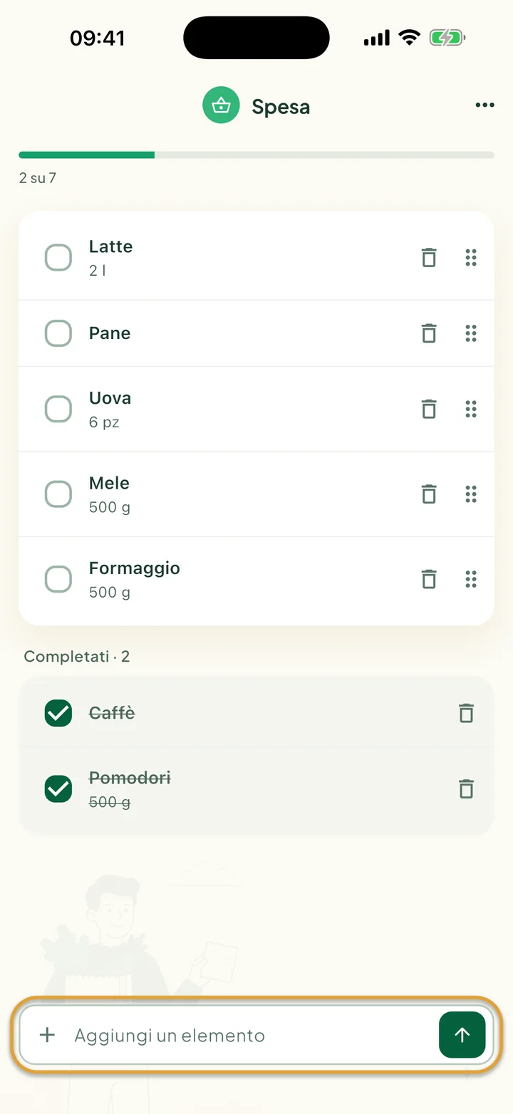 La lista Spesa con elementi aperti e due spuntati sotto Completati. La barra Aggiungi un elemento in basso è cerchiata.