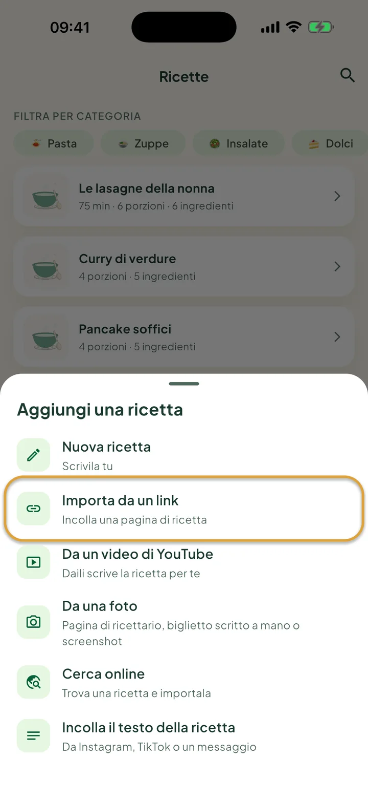 La schermata Ricette con il menu + aperto. Importa da un link è cerchiato.