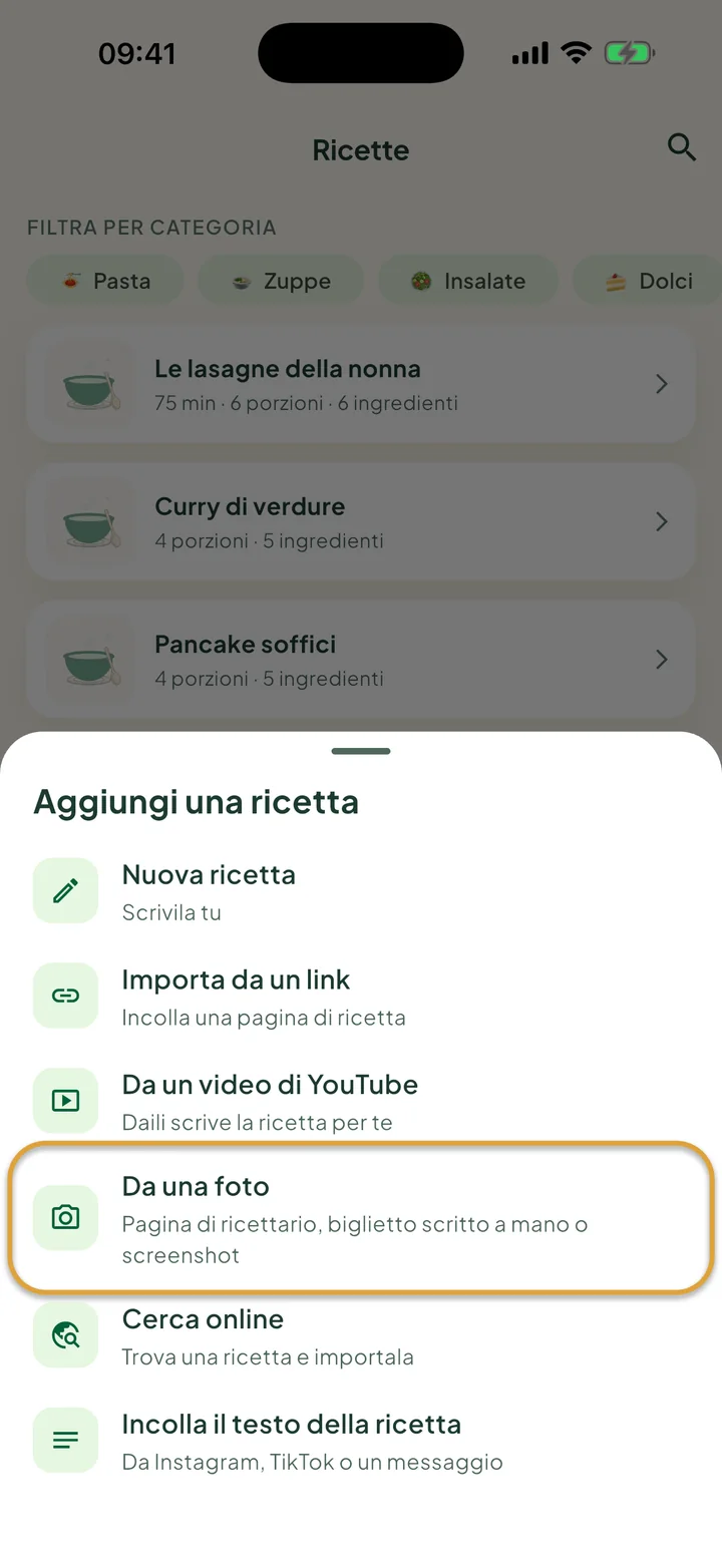 La schermata Ricette con il menu + aperto. Da una foto è cerchiato.