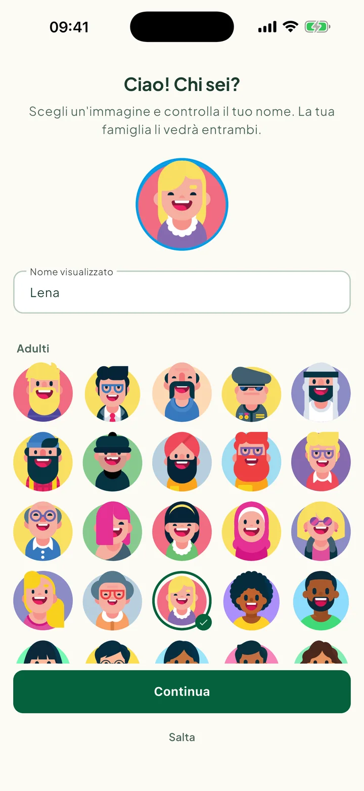 Il passaggio Ciao! Chi sei?, con una foto scelta e il nome inserito.