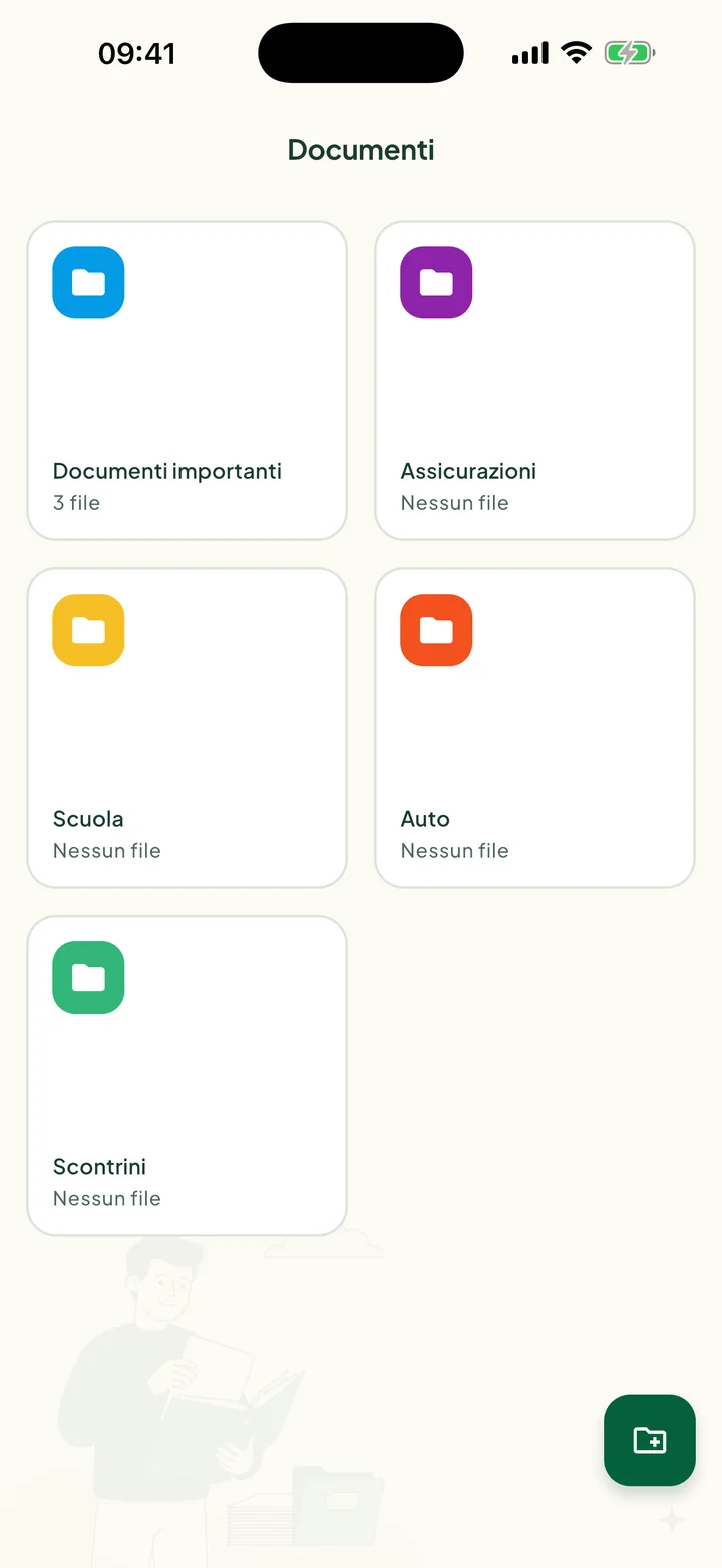 La schermata Documenti con cinque cartelle: Documenti importanti, Assicurazioni, Scuola, Auto e Scontrini.
