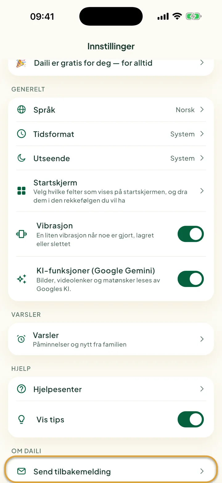 Skjermen Innstillinger. Send tilbakemelding under Om Daili er ringet inn.