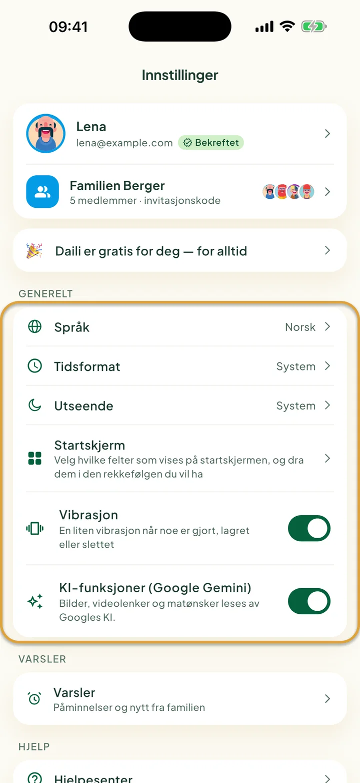 Skjermen Innstillinger. Kortet Generelt med Språk, Tidsformat, Utseende, Startskjerm og Vibrasjon er ringet inn.