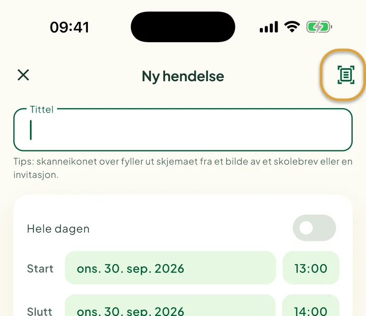 Skjermen Ny hendelse. Skanneikonet øverst til høyre er ringet inn.