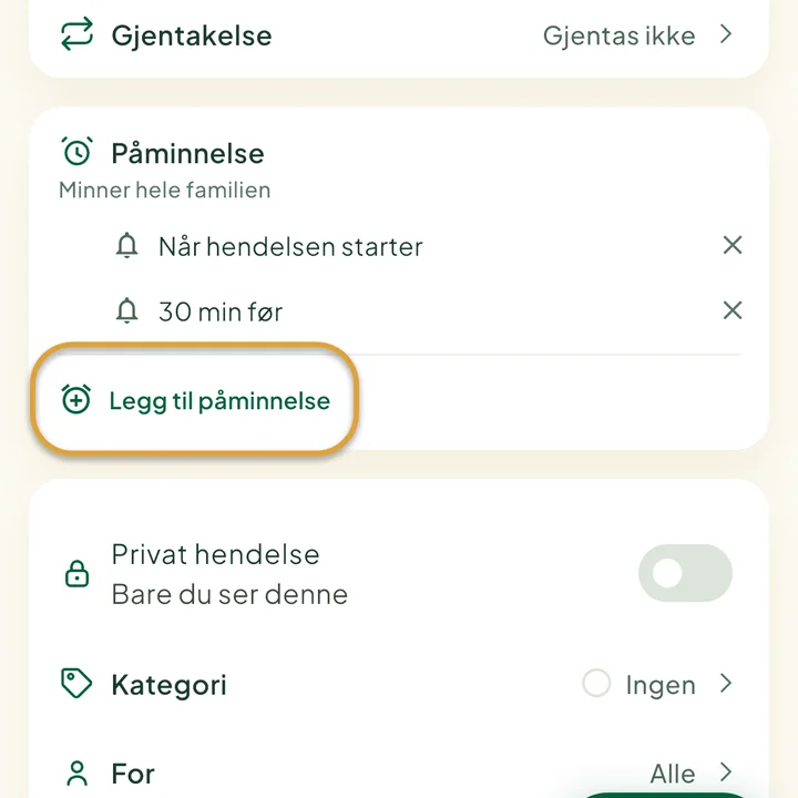 Seksjonen Påminnelse i hendelsesskjemaet med to påminnelser. Knappen Legg til påminnelse er ringet inn.