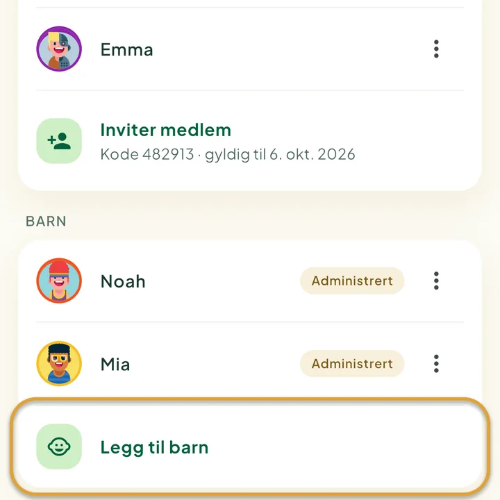 Seksjonen Barn på skjermen Familie med to barn. Raden Legg til barn er ringet inn.