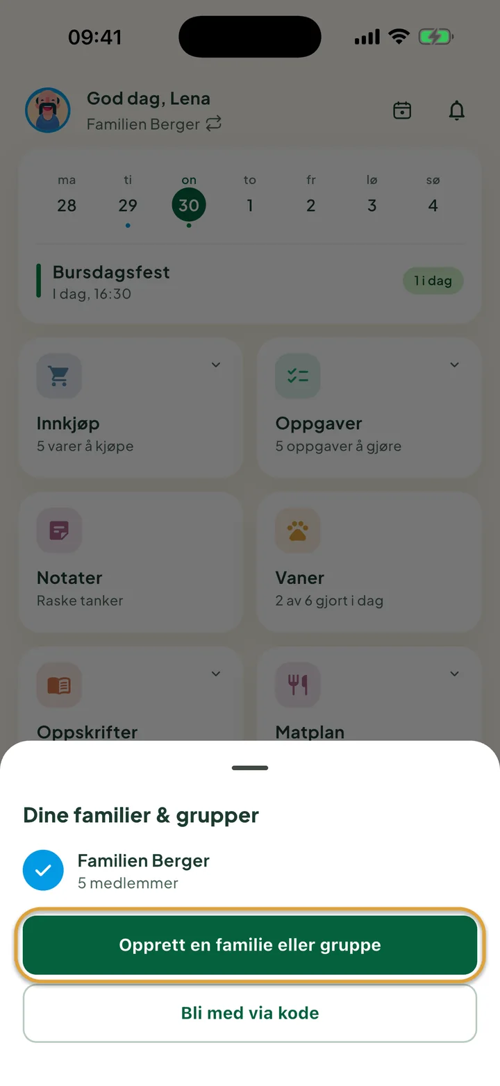 Arket Dine familier & grupper over startskjermen. Knappen Opprett en familie eller gruppe er ringet inn.