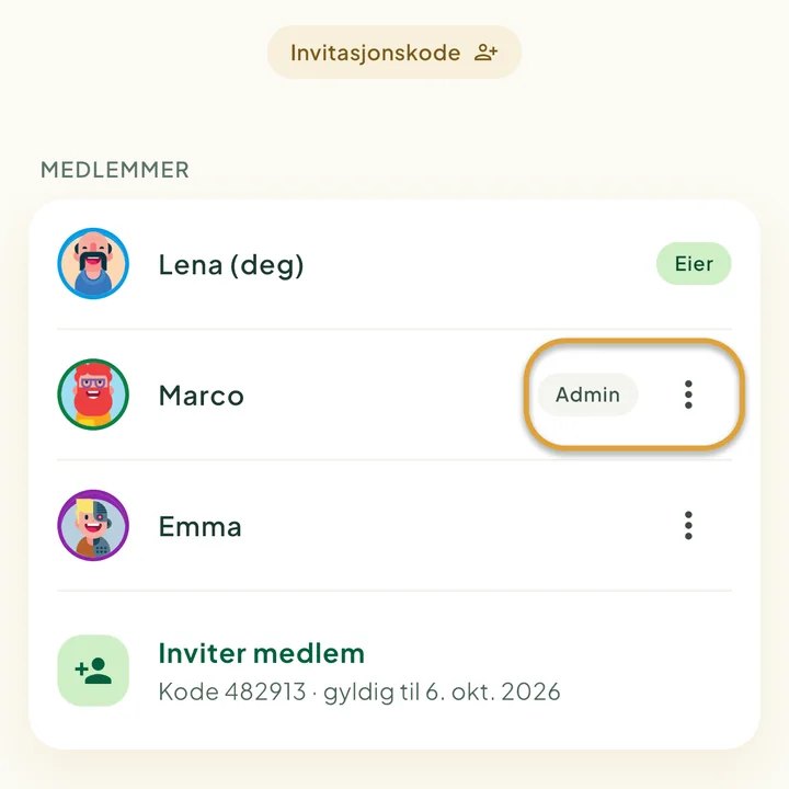 Medlemslisten på skjermen Familie med merkene Eier og Admin. Merket Admin og knappen ⋮ ved siden av Marco er ringet inn.