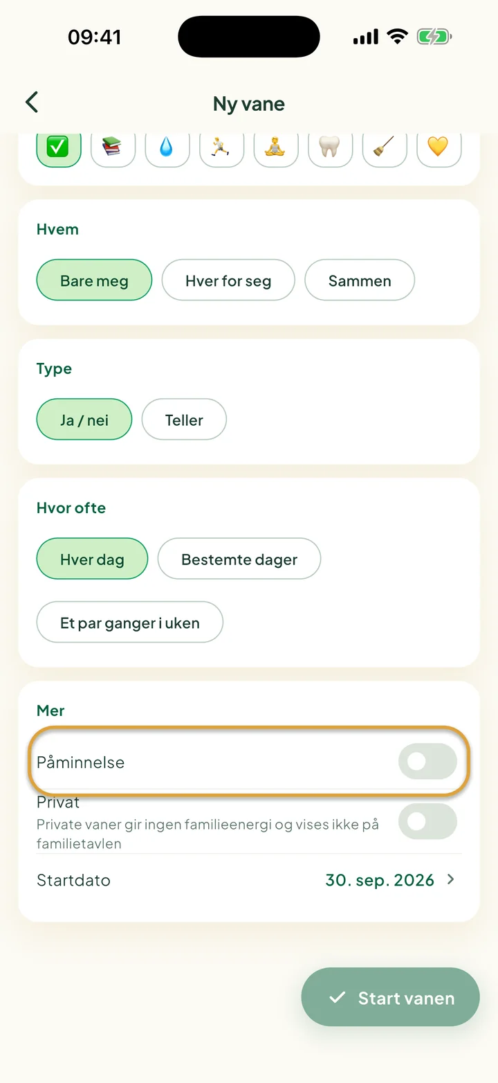 Delen Mer i skjemaet for en ny vane. Bryteren Påminnelse er ringet inn.