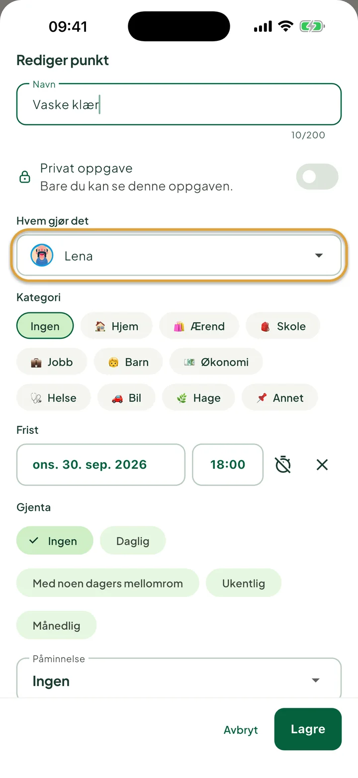 Arket for å redigere en oppgave. Feltet Hvem gjør det, satt til Lena, er ringet inn.