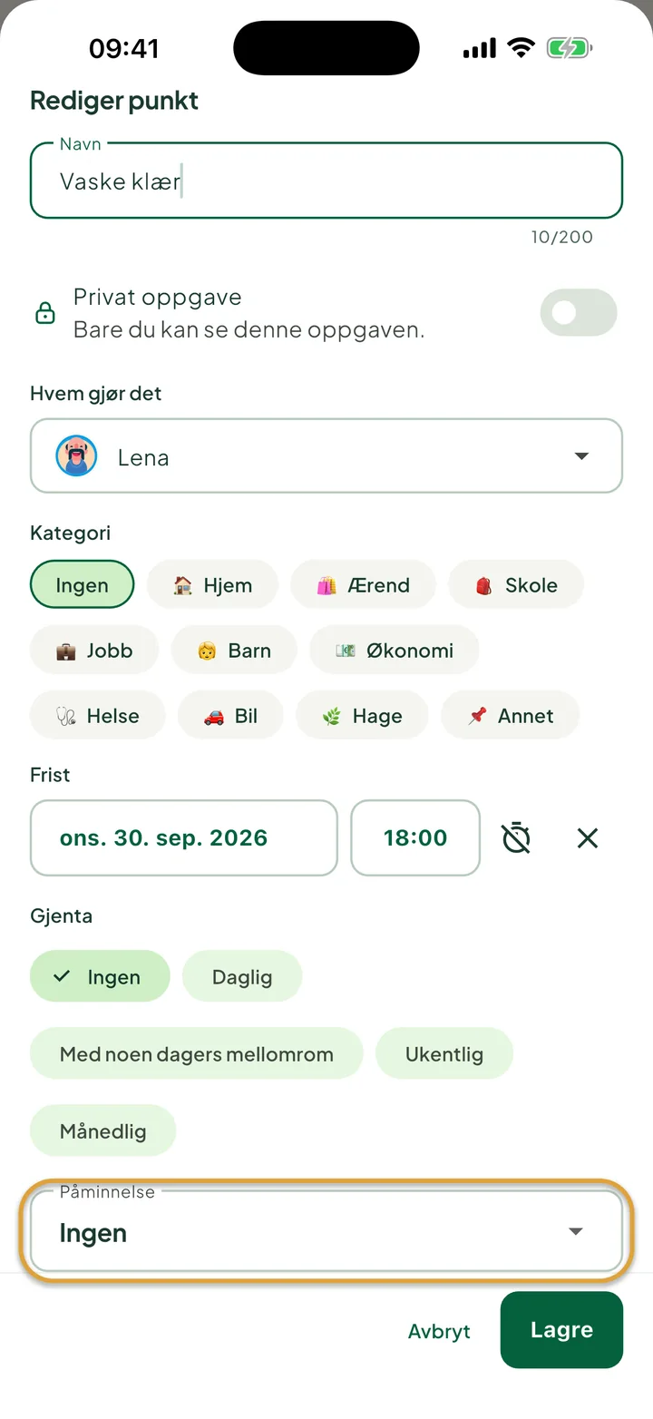 Arket for å redigere en oppgave med frist og tidspunkt. Feltet Påminnelse er ringet inn.