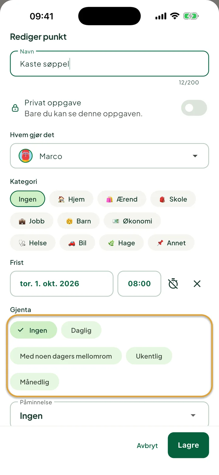 Arket for å redigere en oppgave. Valgene under Gjenta, Ingen, Daglig, Med noen dagers mellomrom, Ukentlig og Månedlig, er ringet inn.