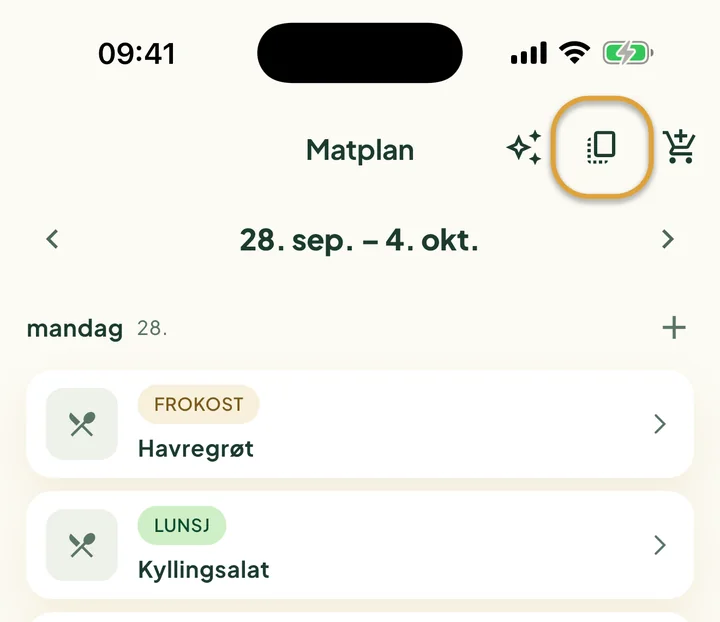Toppen av Matplan. Kopieringsknappen ved siden av handlevognen er ringet inn.