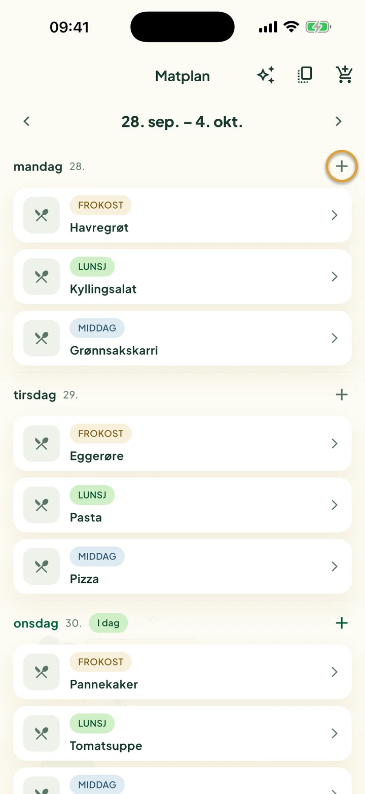 Matplan for én uke. Knappen + ved siden av mandag er ringet inn.