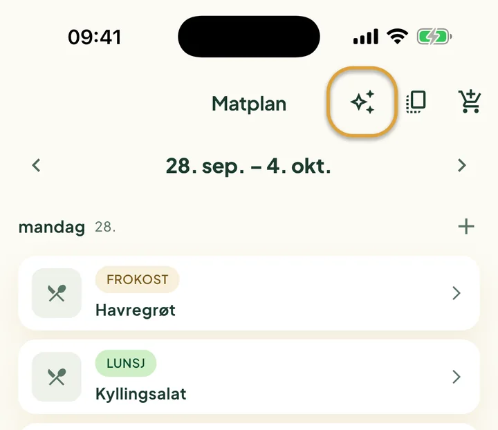 Toppen av matplanen. Stjerneknappen ved siden av kopieringsknappen er ringet inn.