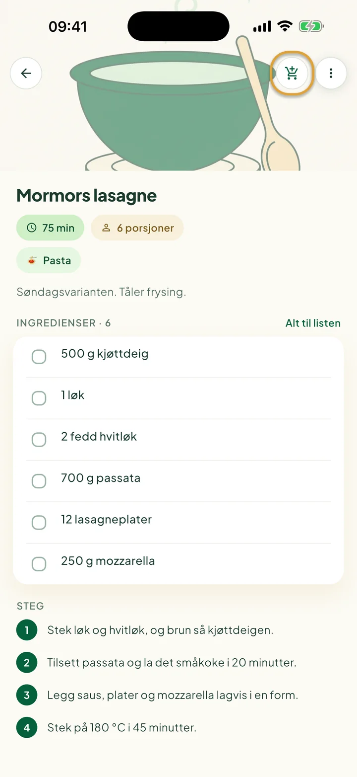 En oppskrift med ingrediensene. Handlevognknappen øverst er ringet inn.