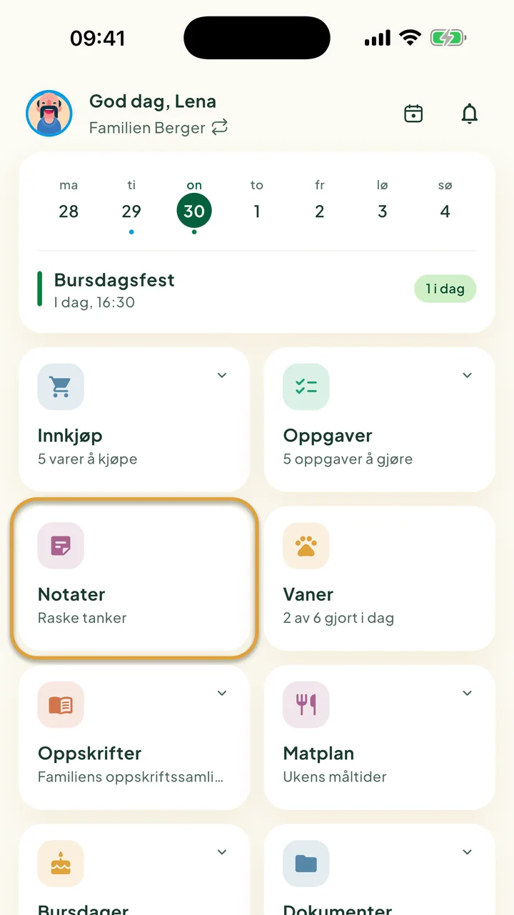 Startskjermen. Flisen Notater er ringet inn.