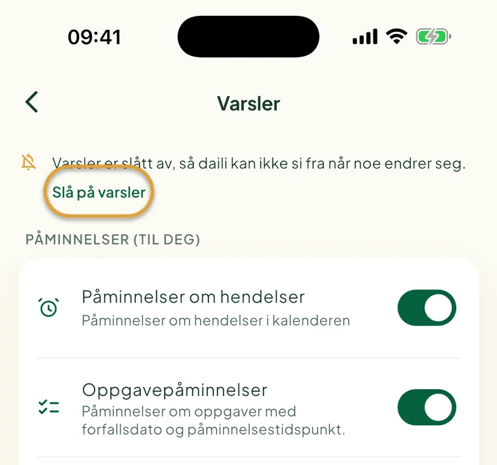 Toppen av skjermen Varsler med en melding om at varsler er slått av. Slå på varsler er ringet inn.