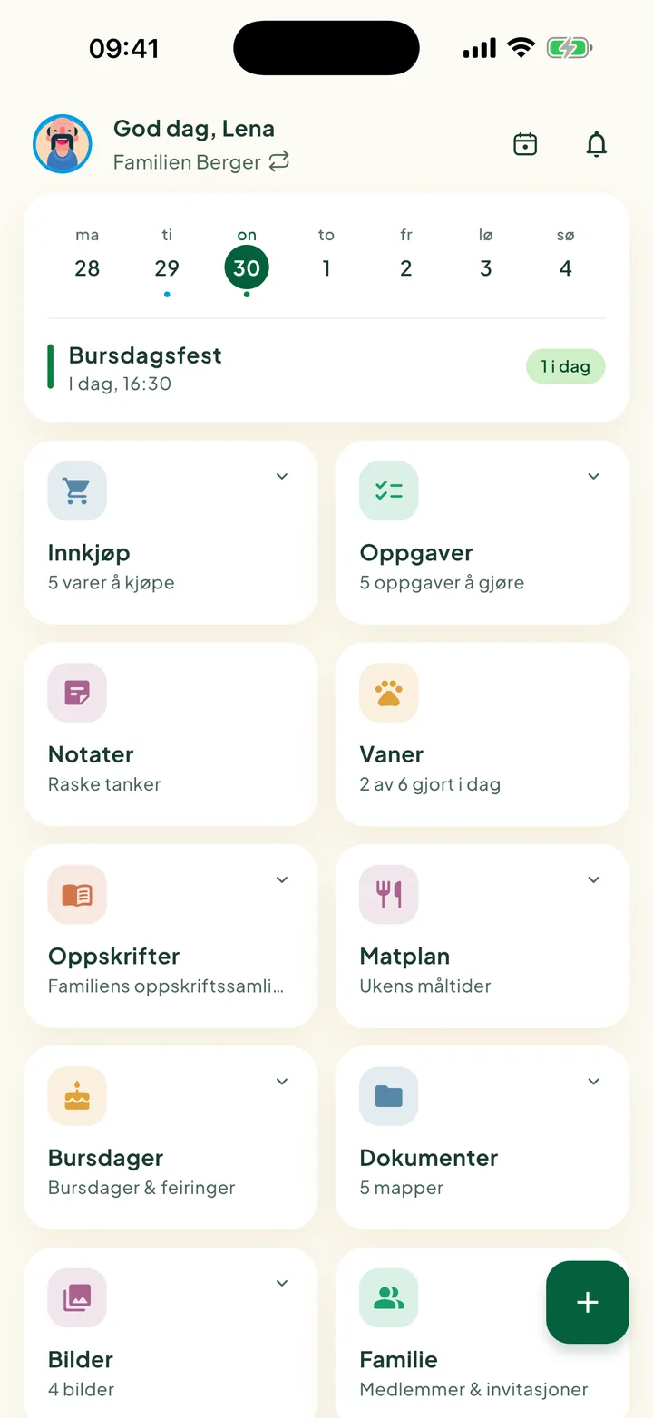 Startskjermen med ukekortet og rutene