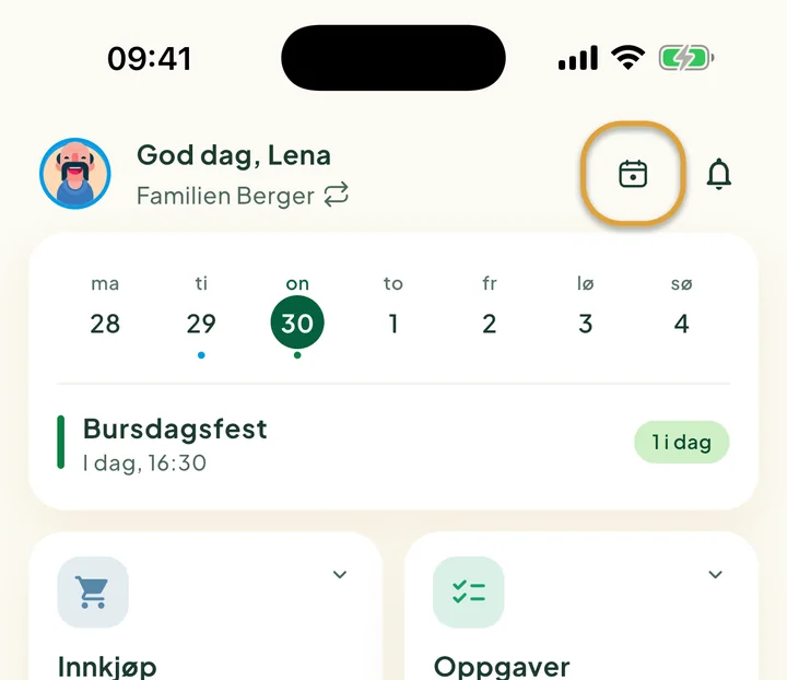 Toppen av startskjermen. Knappen I dag ved siden av bjella er ringet inn.