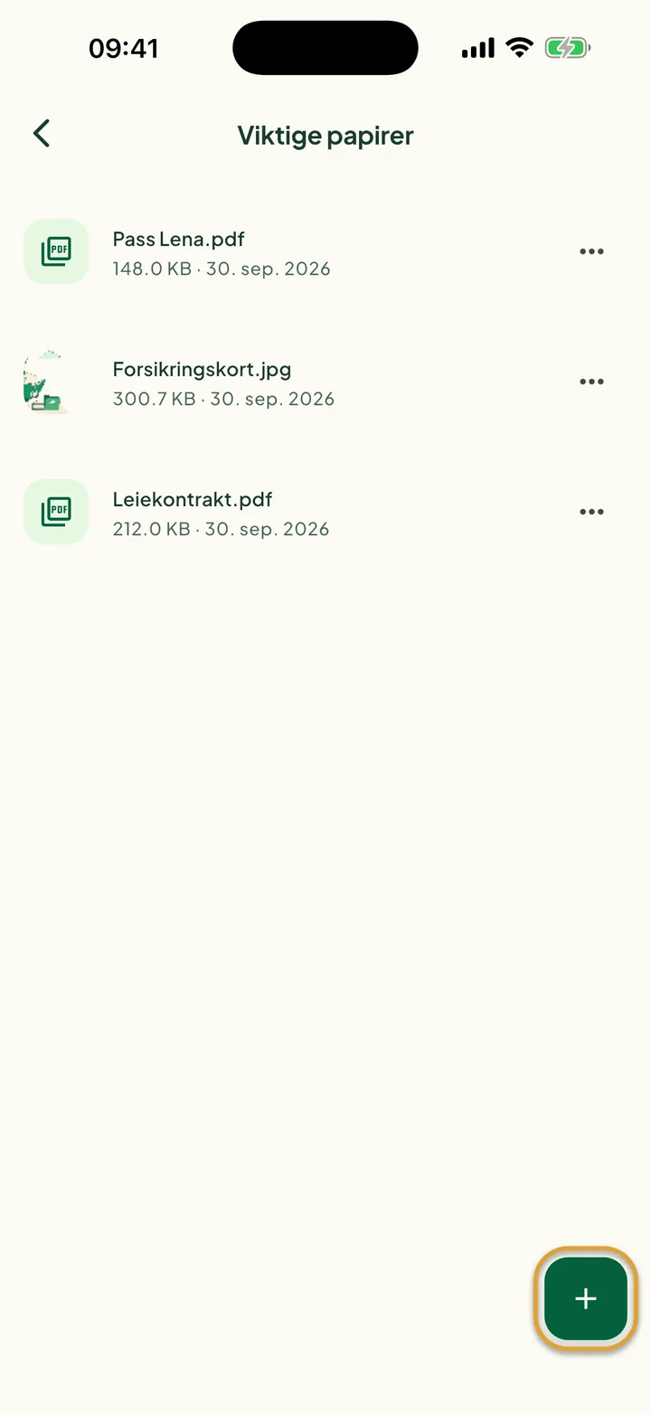 Mappen Viktige papirer med tre filer. Knappen + nede til høyre er ringet inn.