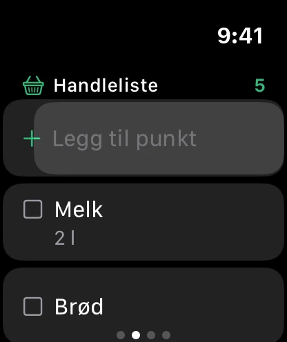 Handlelisten på klokken, med Legg til punkt øverst.