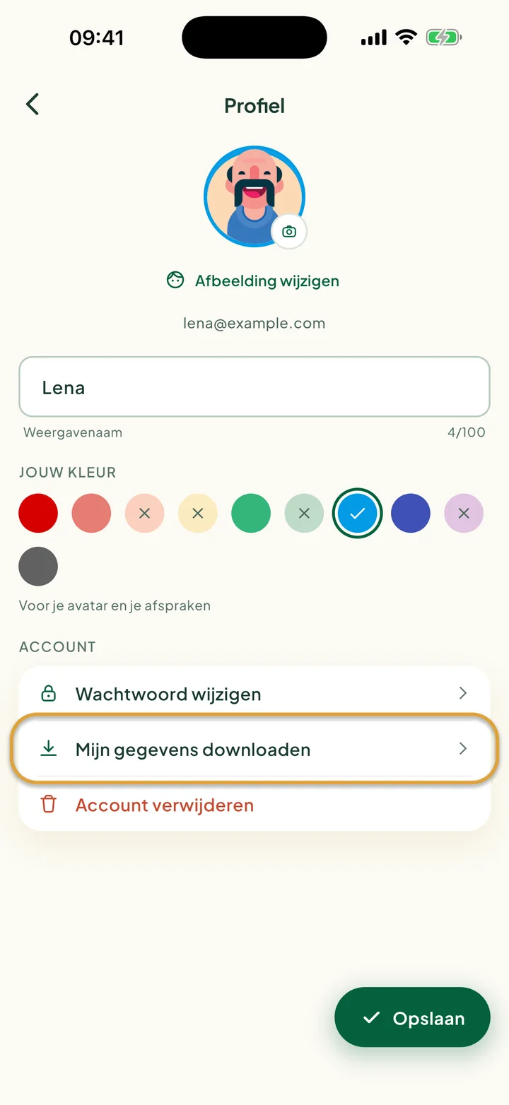 Het profielscherm. Mijn gegevens downloaden, onder Account, is omcirkeld.