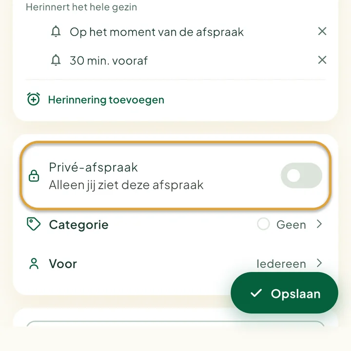 Het afsprakenformulier. De schakelaar Privé-afspraak is omcirkeld.