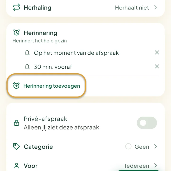 Het onderdeel Herinnering in het afsprakenformulier met twee herinneringen. De knop Herinnering toevoegen is omcirkeld.