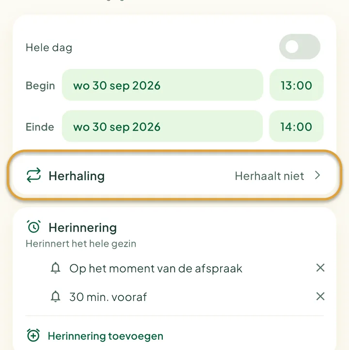 Het formulier voor een nieuwe afspraak. De regel Herhaling is omcirkeld.