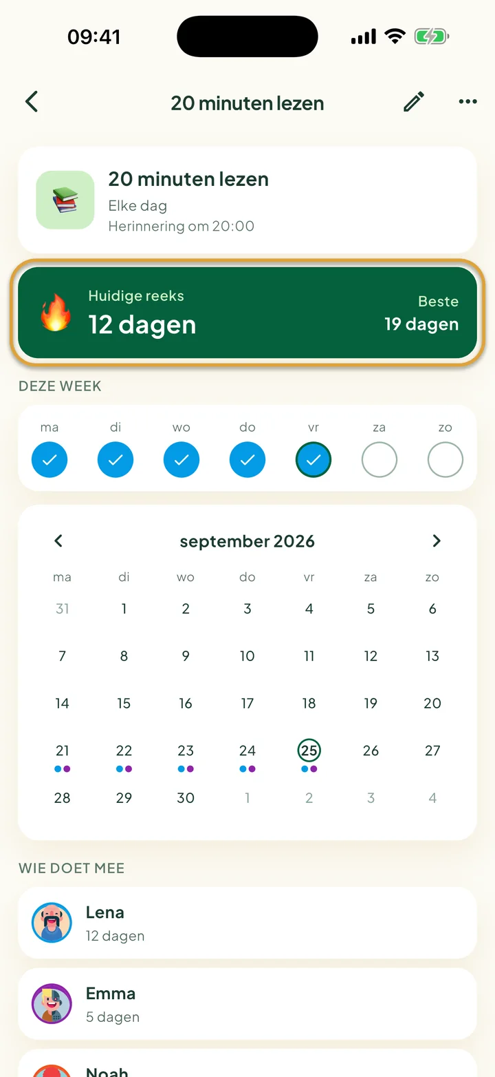 De eigen pagina van een gewoonte met de vinkjes van deze week en een kalender. De kaart Huidige reeks is omcirkeld.