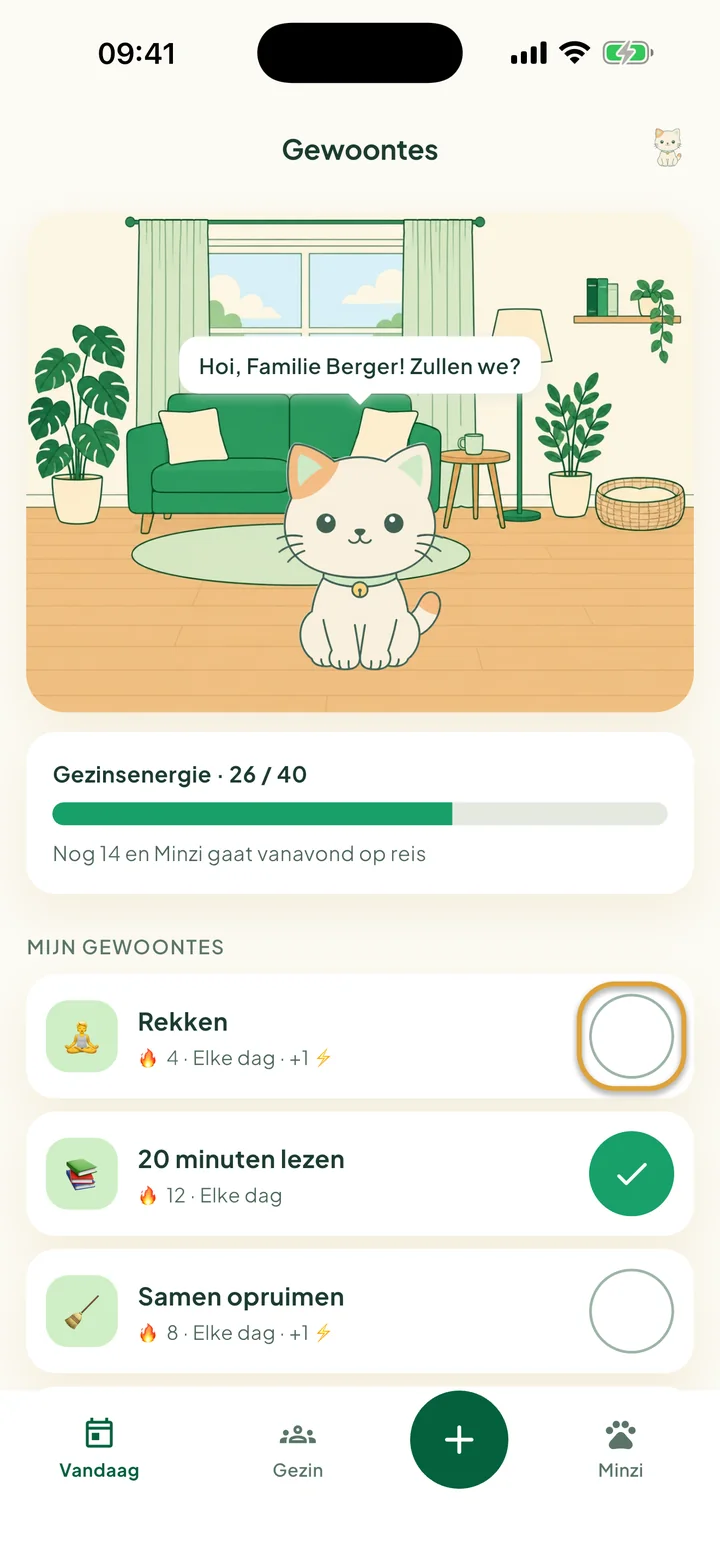 Het scherm Gewoontes. De ronde afvinkknop naast Rekken is omcirkeld.