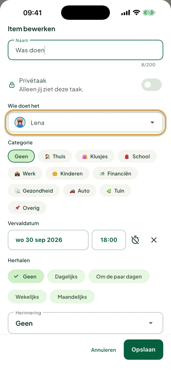 Het venster om een taak te bewerken. Het veld Wie doet het, ingesteld op Lena, is omcirkeld.