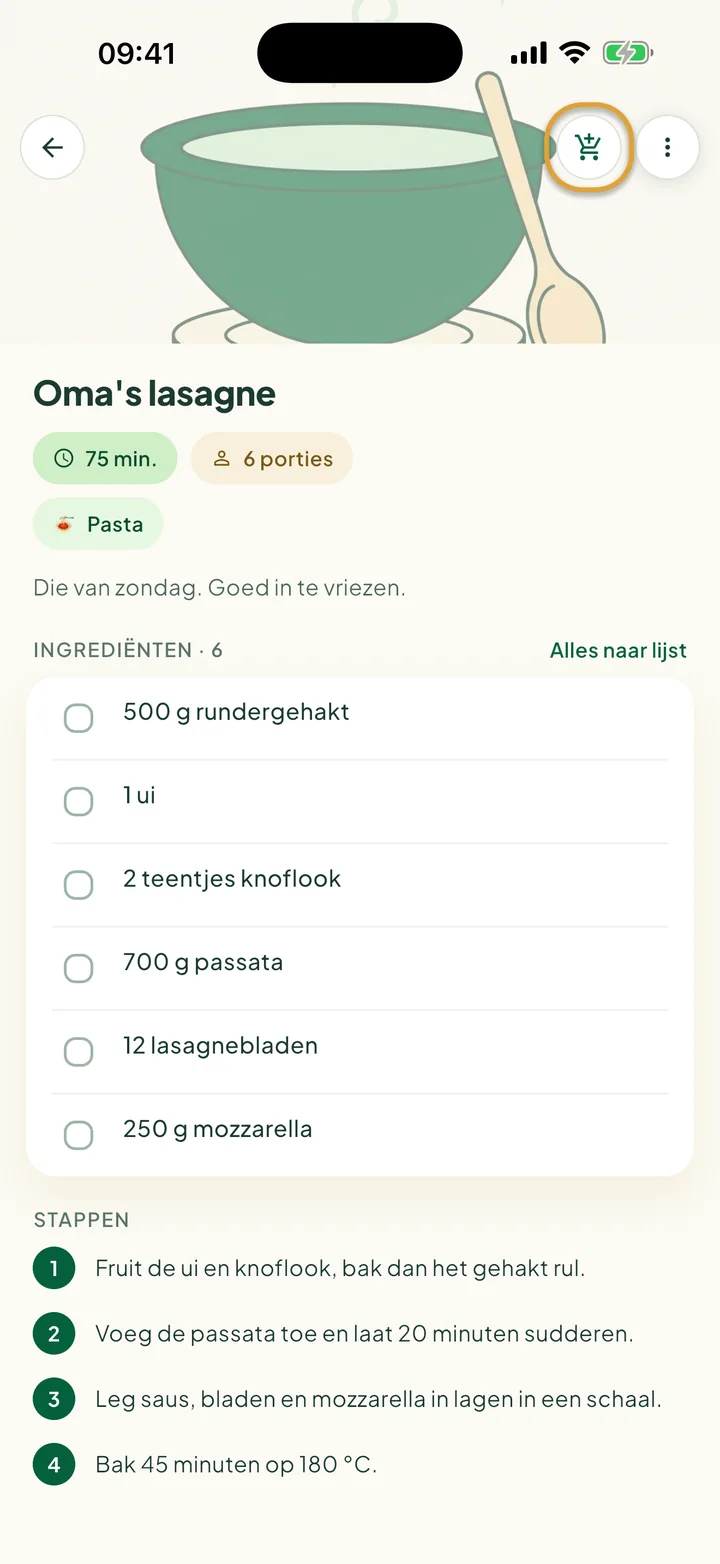 Een recept met de ingrediënten. De winkelwagenknop bovenaan is omcirkeld.