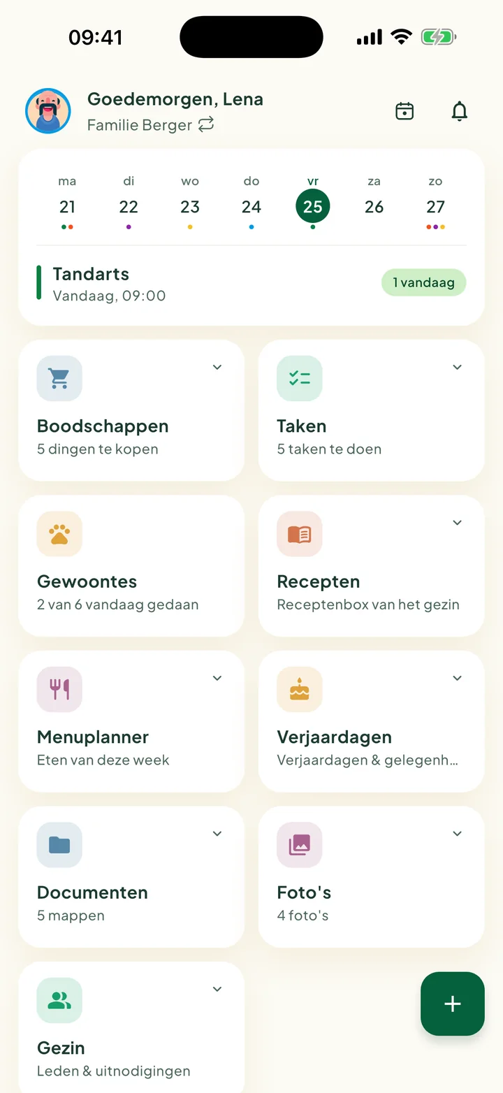 Het startscherm met de weekkaart en de tegels