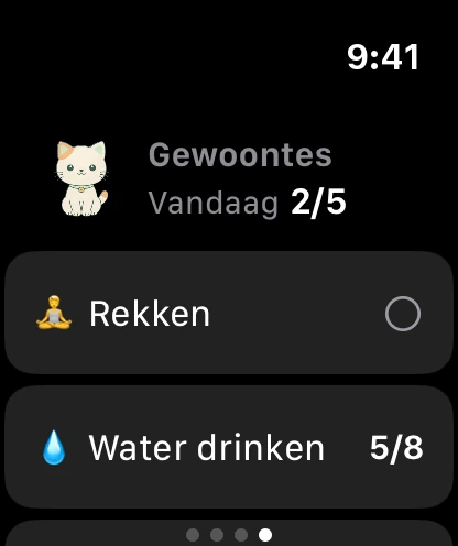 De pagina Gewoontes op het horloge: Minzi, vandaag 2 van 5 gedaan, en de eerste gewoontes.