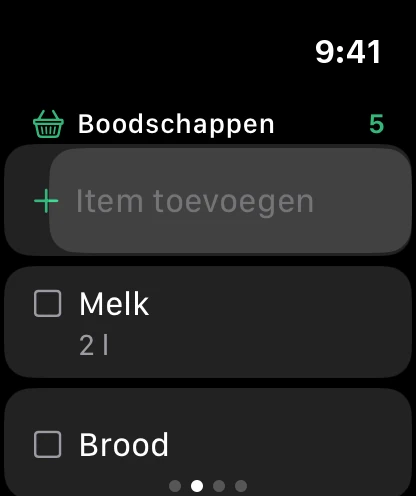 De boodschappenlijst op het horloge, met bovenaan Item toevoegen.