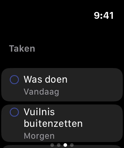 De pagina Taken op het horloge met twee open taken, voor vandaag en morgen.