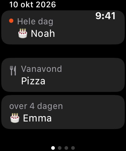 Eerstvolgend op het horloge: een verjaardag vandaag, het eten voor vanavond en een verjaardag over 4 dagen.